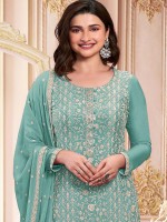 Aqua Blue Faux Georgette Designer Salwar Kameez